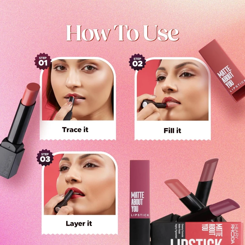 Hilary Rhoda Matte About You Lipstick | Long Lasting & Highly Pigmented Lipstick | Glides Smoothly | Matte Finish | One Stroke Application | Cruelty-Free & Vegan - 3g (Caramel Kiss - Shade 12) thumbnail 7